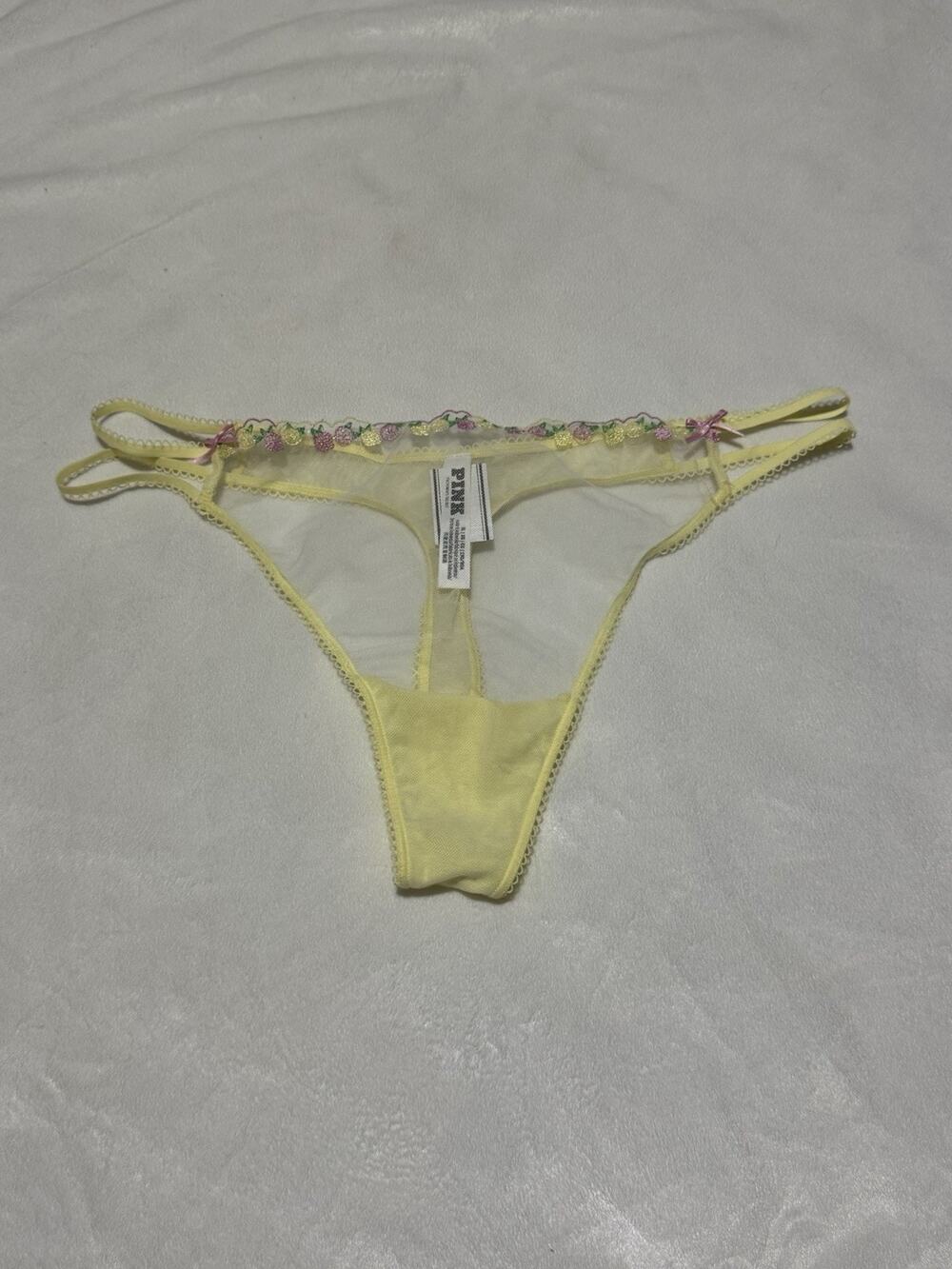 PINK Victoria's Secret Yellow Mesh V-String Panty Floral Embroidered Strappy XL